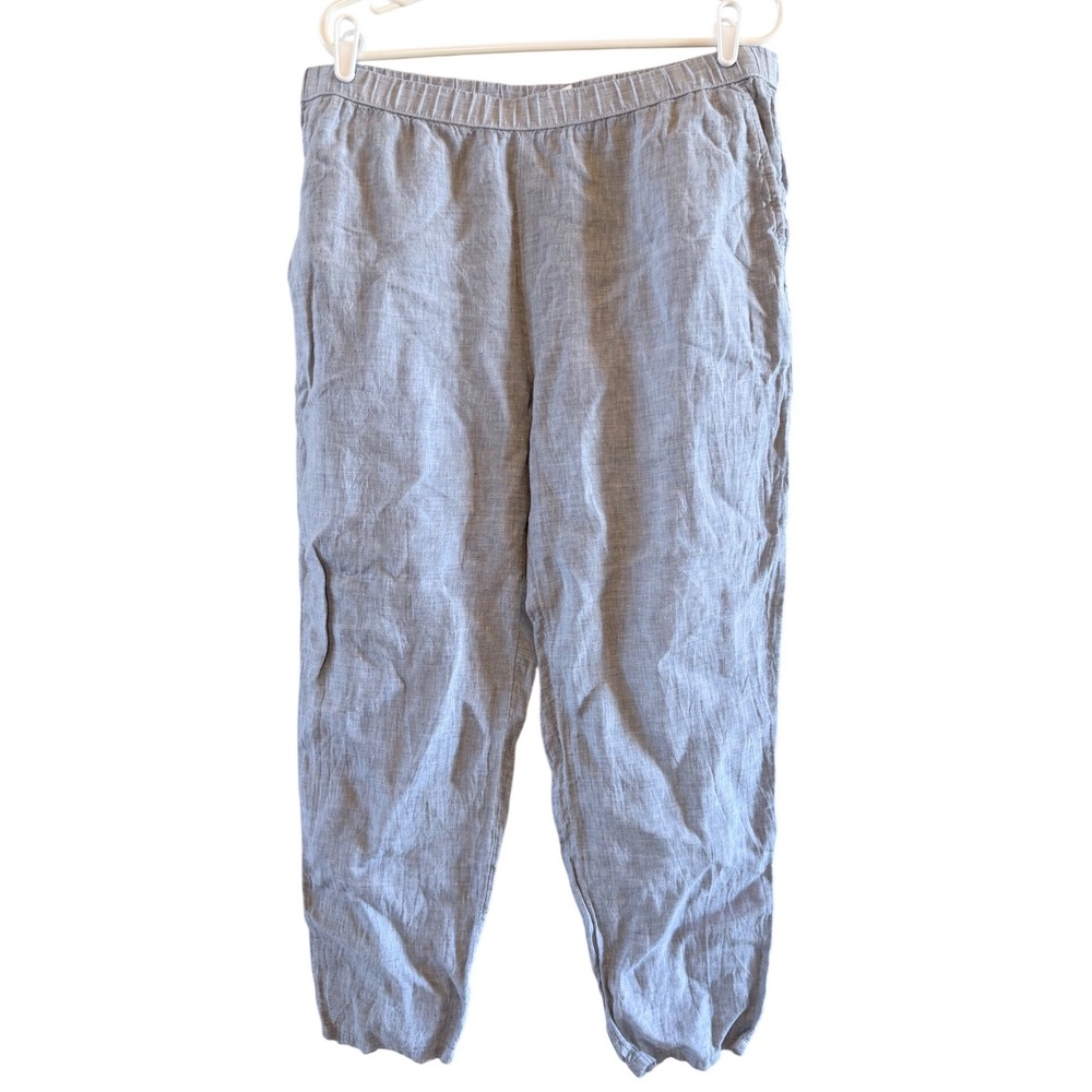 Eileen Fisher 100% Organic Linen Pants XL Blue Gray Taper Leg Lagenlook Minimal